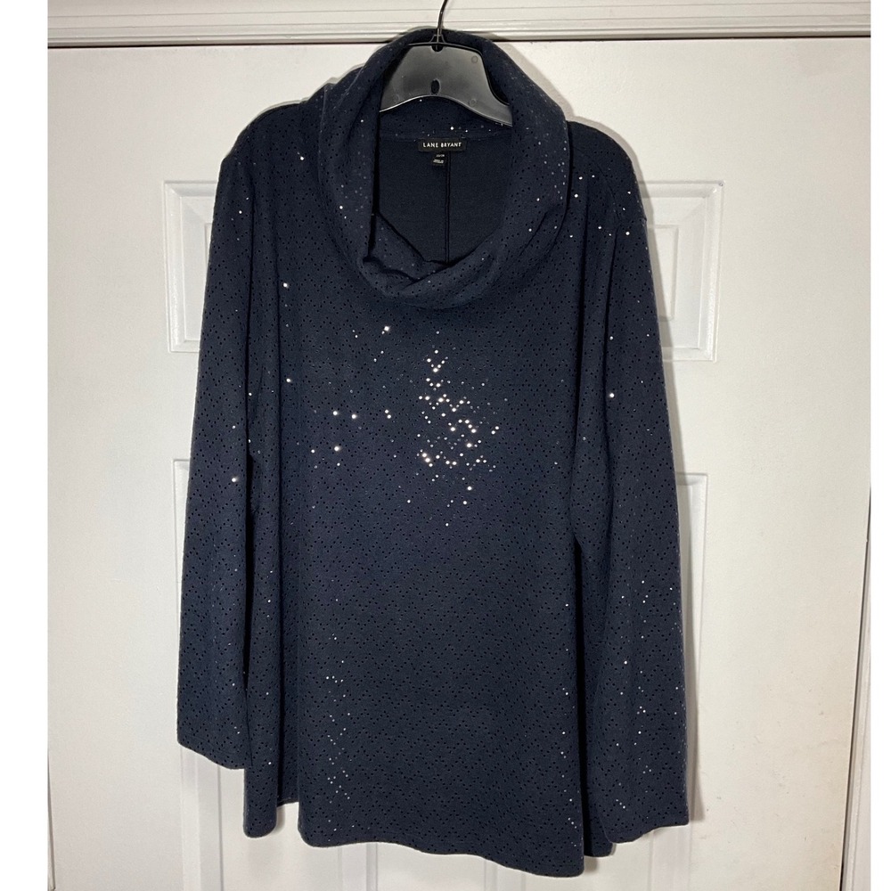 Lane Bryant Navy Blue Sequin Cowl Neck Tunic Top Plus Size 22/24 Long Sleeve